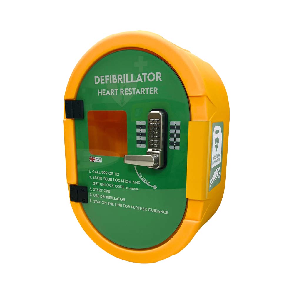 External lockable defibrillator cabinet for outdoor mounting