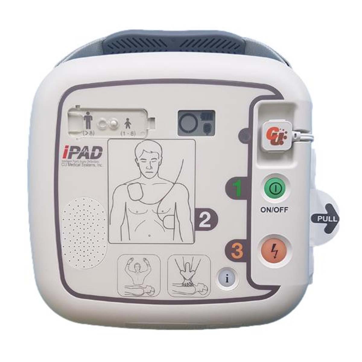 Automated external defibrillator in a yellow wall cabinet