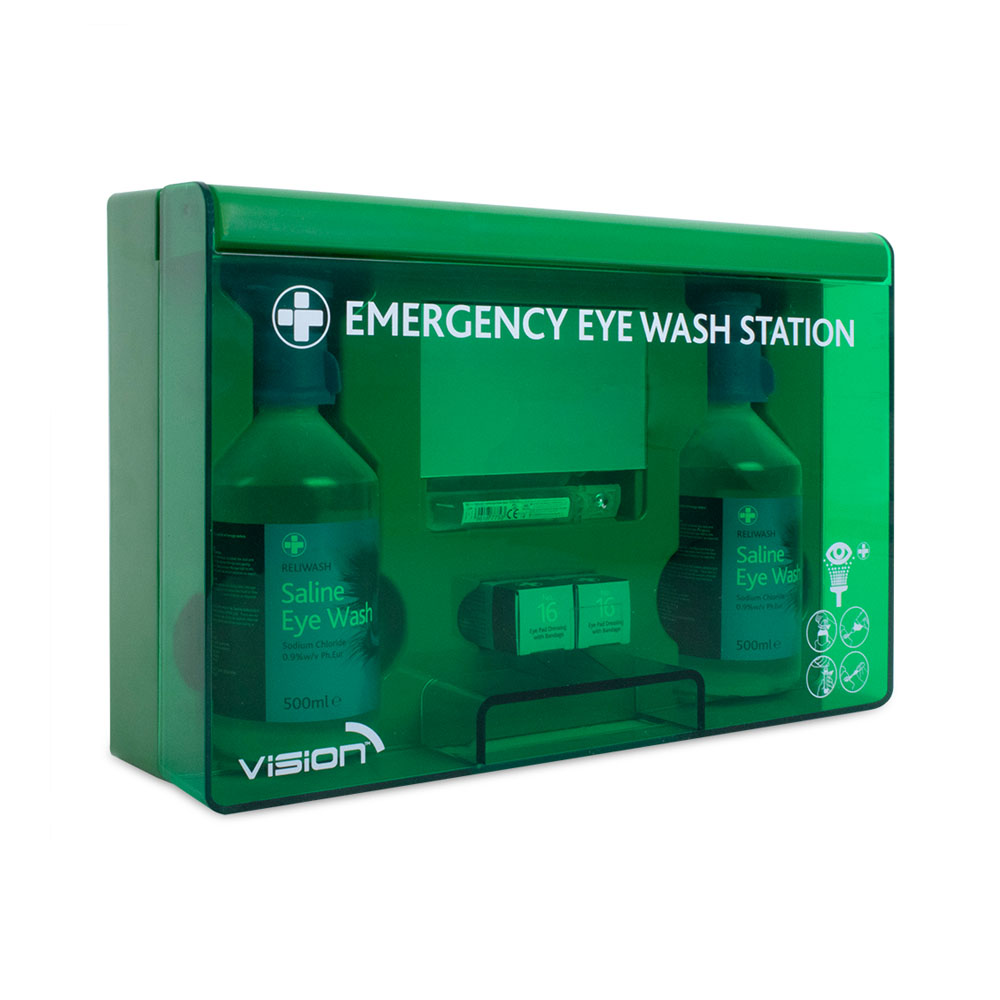 Wall-mounted eyewash station with two sterile saline bottles