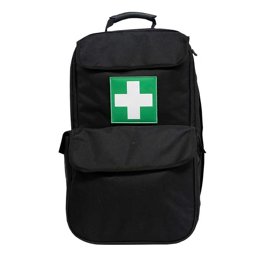 Open yellow first responder emergency rucksack with organised compartments