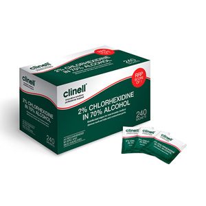 Clinell 2% chlorhexidine skin wipes box