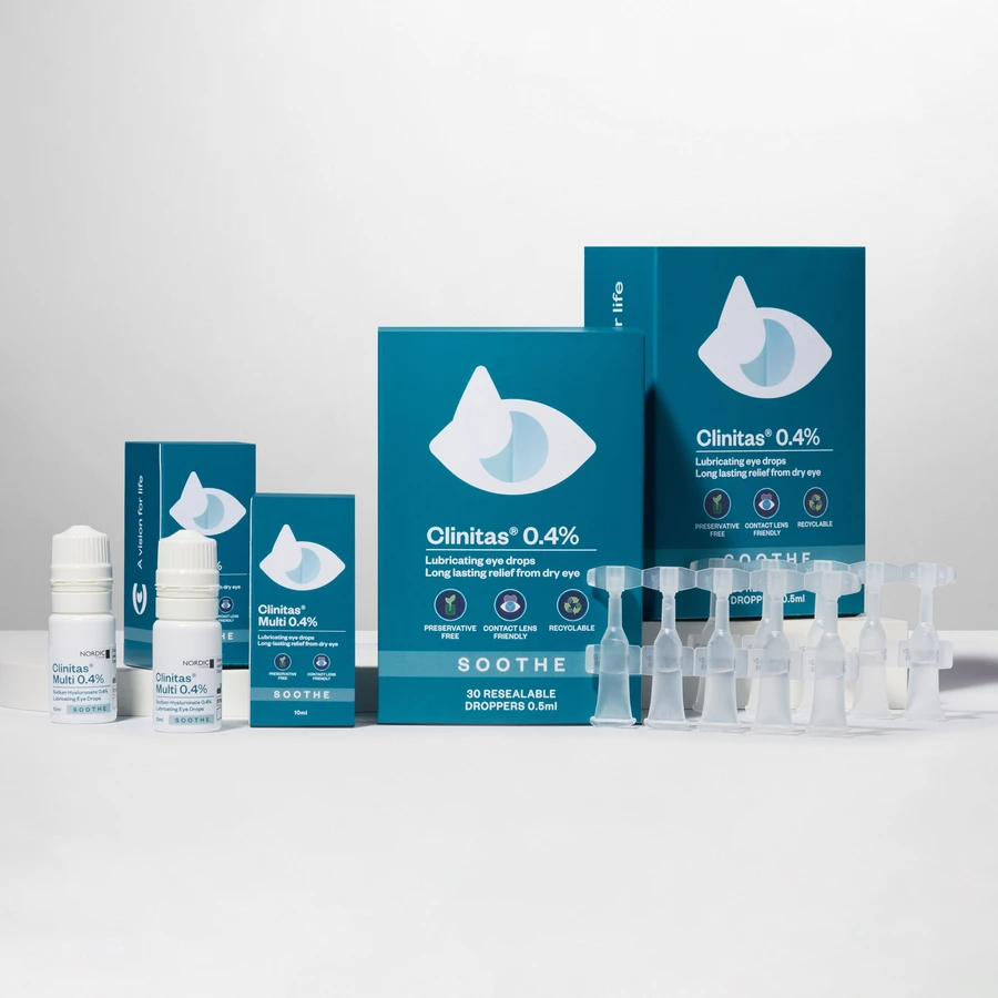 Clinitas 0.4% Soothe multi-dose eye drops bottle and carton