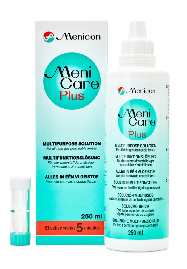 Menicon MeniCare Plus rigid lens care bottle and carton