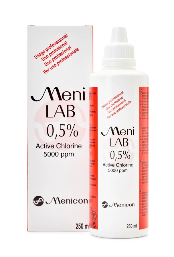 Menicon MeniLAB professional RGP trial-lens disinfectant bottle and carton