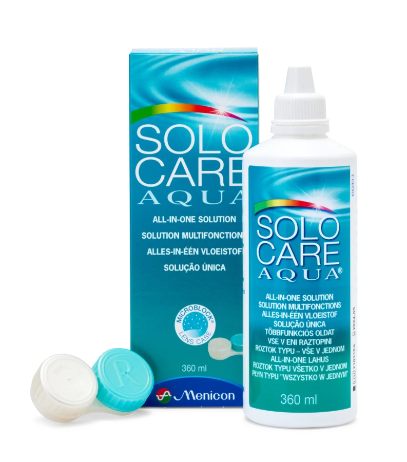 Menicon SOLOCARE AQUA soft-lens solution bottle and carton
