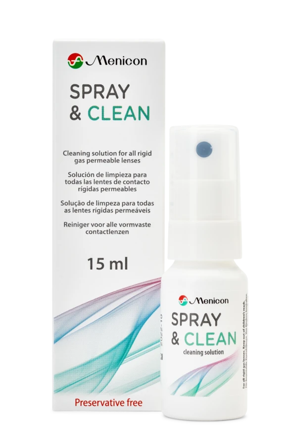 Menicon SPRAY&CLEAN 15 ml RGP lens cleaner bottle and carton