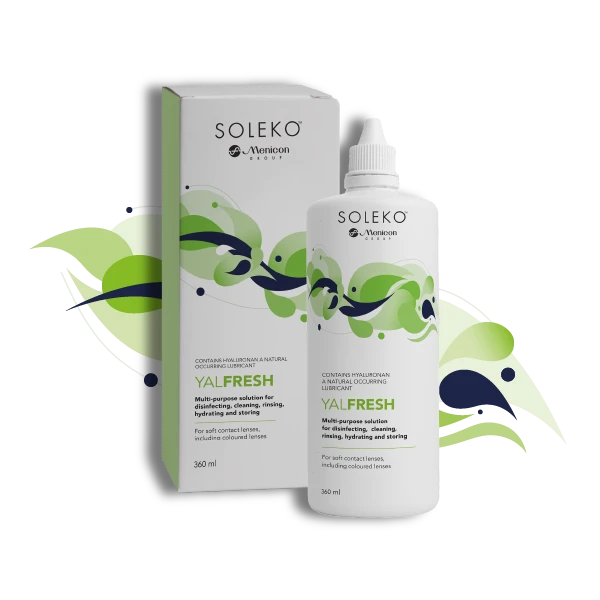 Menicon Soleko Yalfresh 360 ml multipurpose soft-lens solution bottle and carton